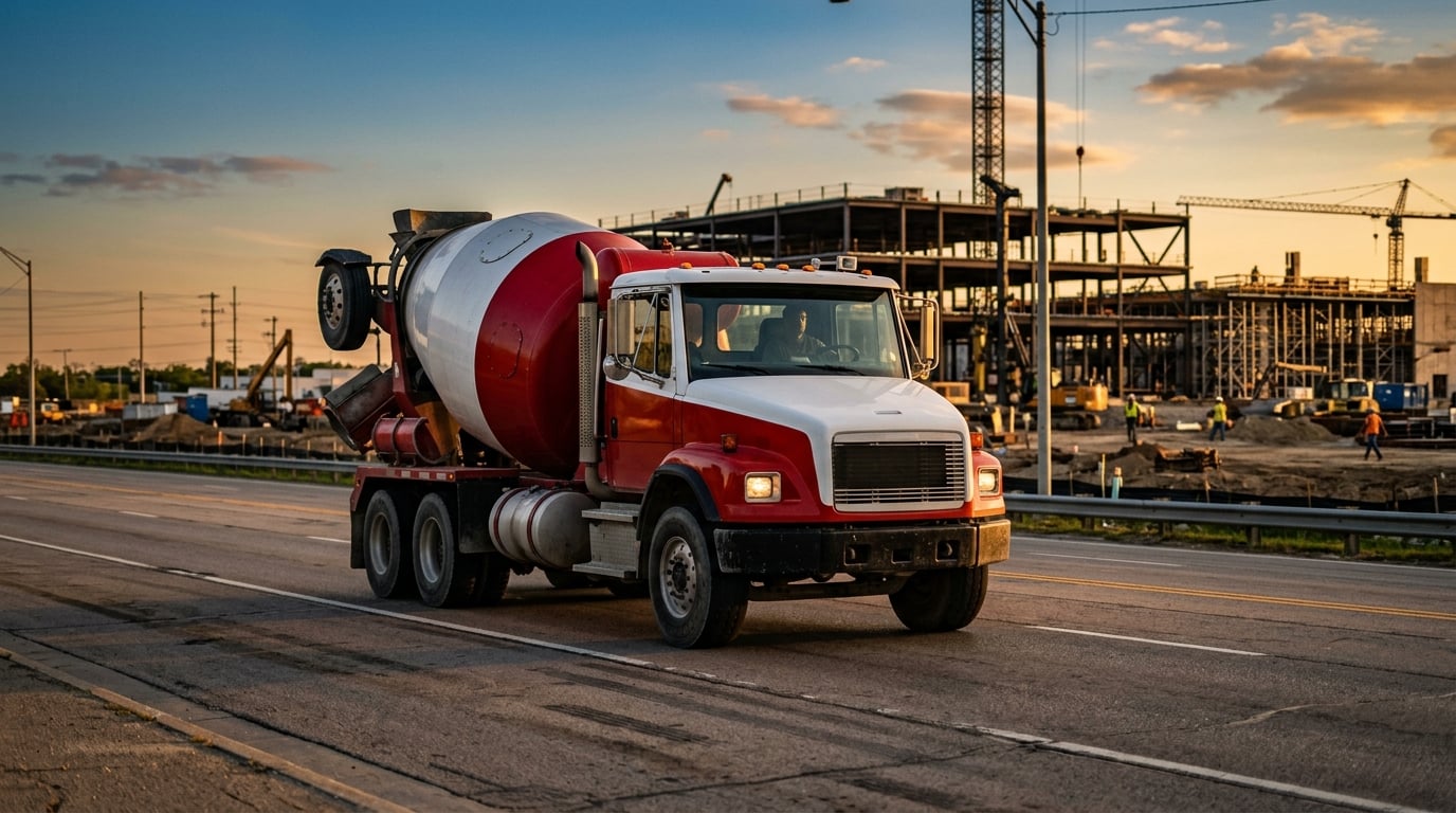 Professional ready-mix concrete truck driver in safety gear standing in front of a concrete mixer truck at a job site