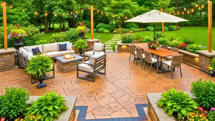 Beautiful decorative stamped concrete patio with intricate pattern work